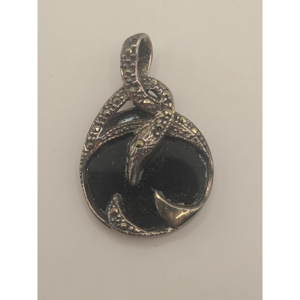 Vintage 925 Sterling Silver Marcasite Black Onyx Snake Serpent Pendant